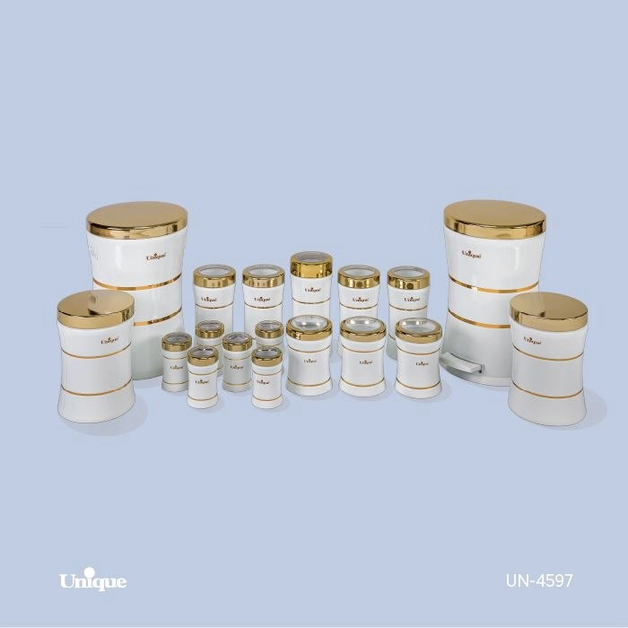 سرویس آشپزخانه 18 پارچه یونیک Unique کمر باریک سفید طلایی کد UN-4597 (پس کرایه)