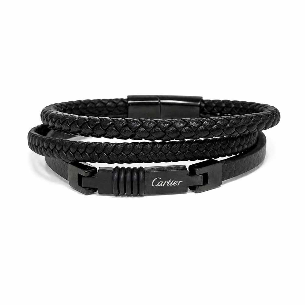 دستبند چرم مردانه 3 لاین طرح کارتیر (Cartier) تمام مشکی کد LB-1027