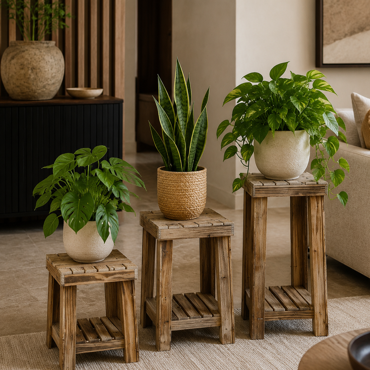 پایه گلدان چوبی 3عددی چوبی(پس کرایه