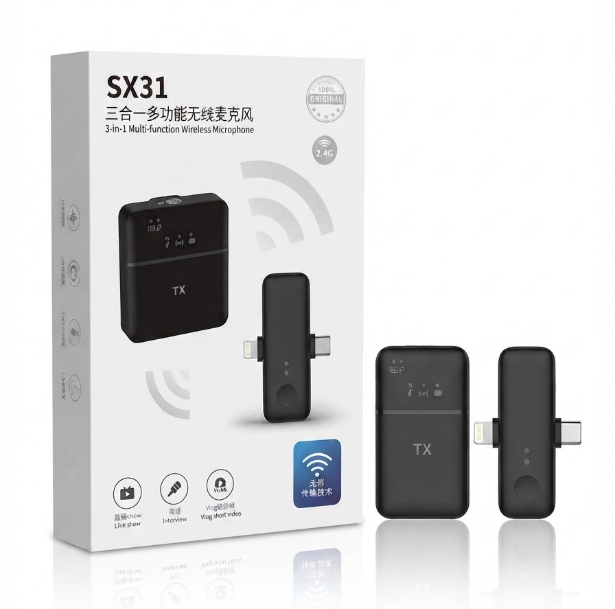 میکروفون بی سیم چندکاره 3 در 1 مدل SX31 با قابلیت کاهش نویز هوشمند و اتصال به گوشی و دوربین مدل SX31