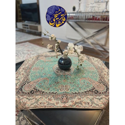 ترمه مربع تک طرح ترنجی فیروزه ای پلی استر درجه یک