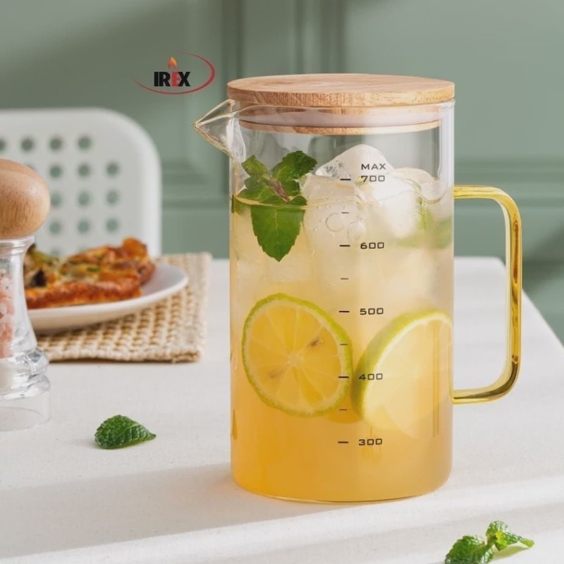 پارچ پیرکس درب چوبی دسته رنگی 700 میل