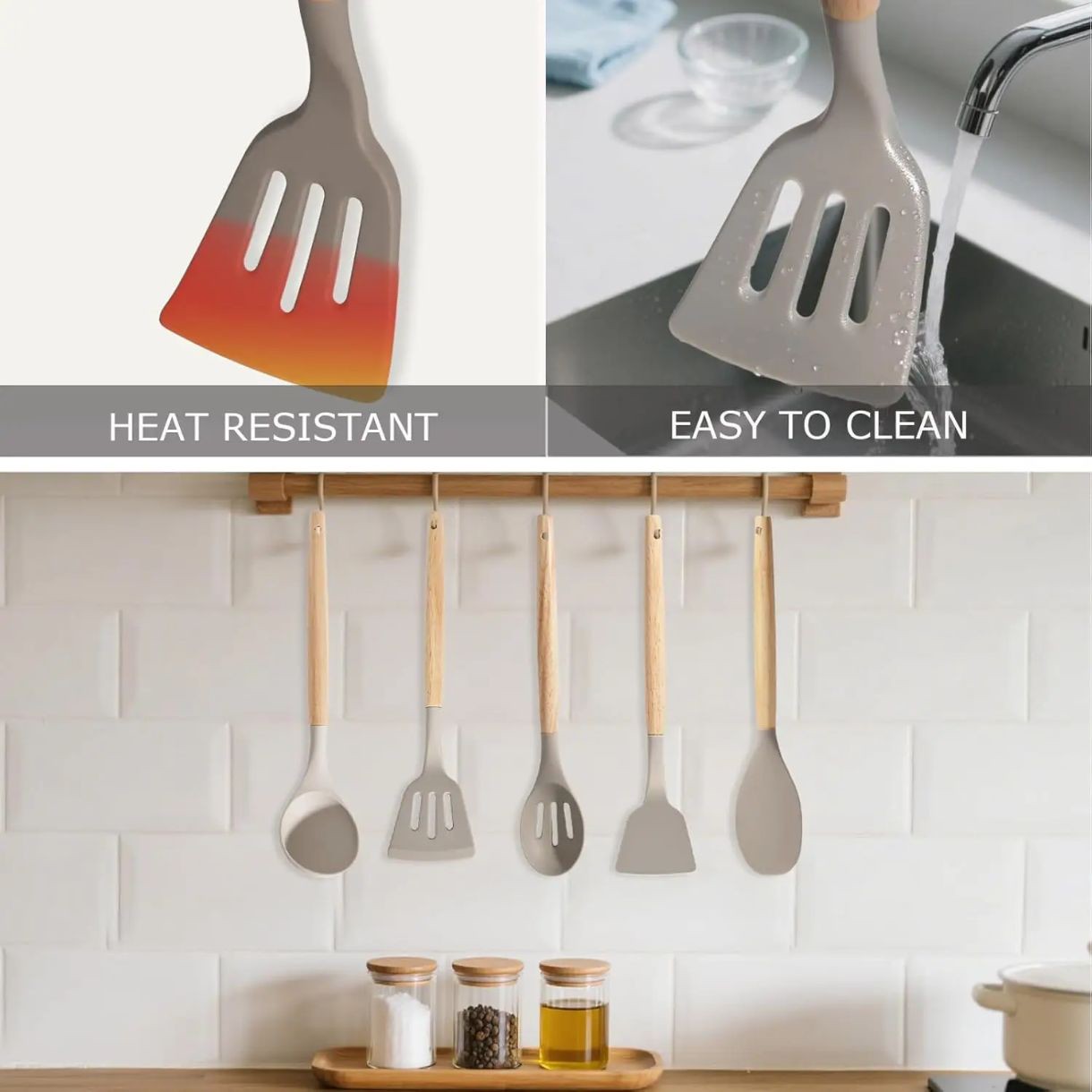 ست کفگیر و ملاقه سیلیکونی دسته چوبی 19 پارچه سرویس کامل ابزار آشپزی نسوز sd230