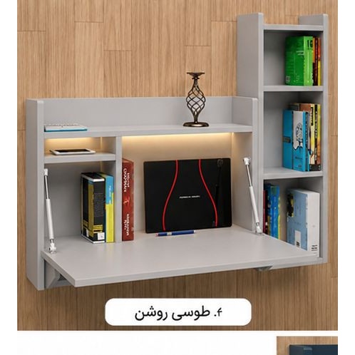 میز تحریر تاشو دیواری مدل کتابخانه دار میز کار کم جا با نور LED