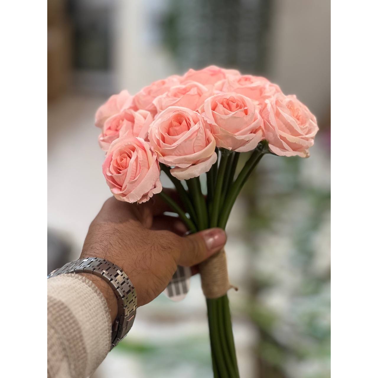 گل مصنوعی مدل دسته رز توپی 14 شاخه رنگ صورتی روشن