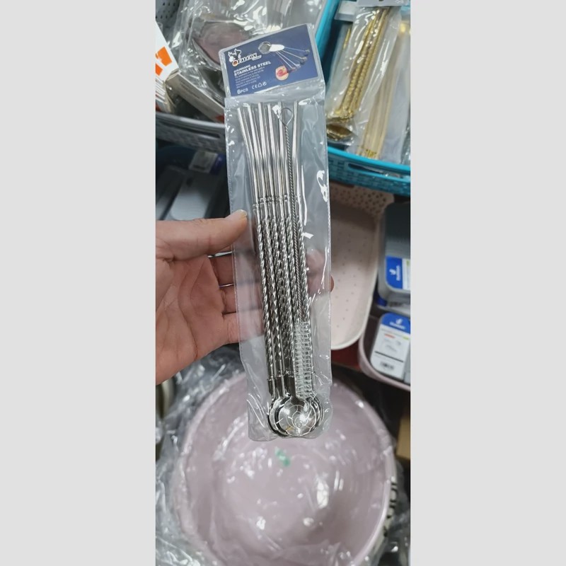 قاشق شربت نی دار مدل مارپیچ طرح گل قاشق نی دار نقره ای