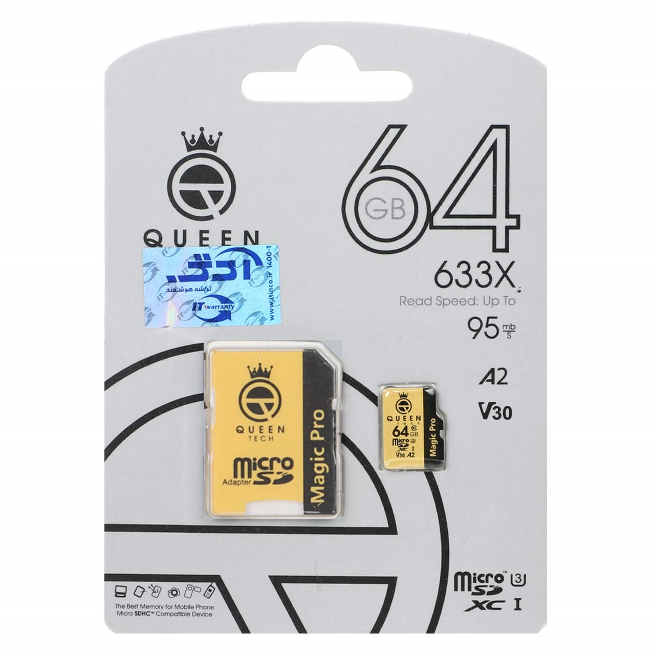 کارت حافظه Micro SD XC کوئین تک مدل A2-V30-633X کلاس 10 استاندارد UHS-l U3 سرعت 95MBps ظرفیت 64 گیگابایت به همراه آدا...
