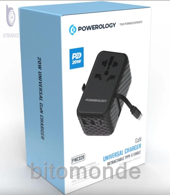 شارژر چند کاره با کابل جمع شونده پاورولوژی Powerology GaN Universal Charger Retractable PWCUQC028