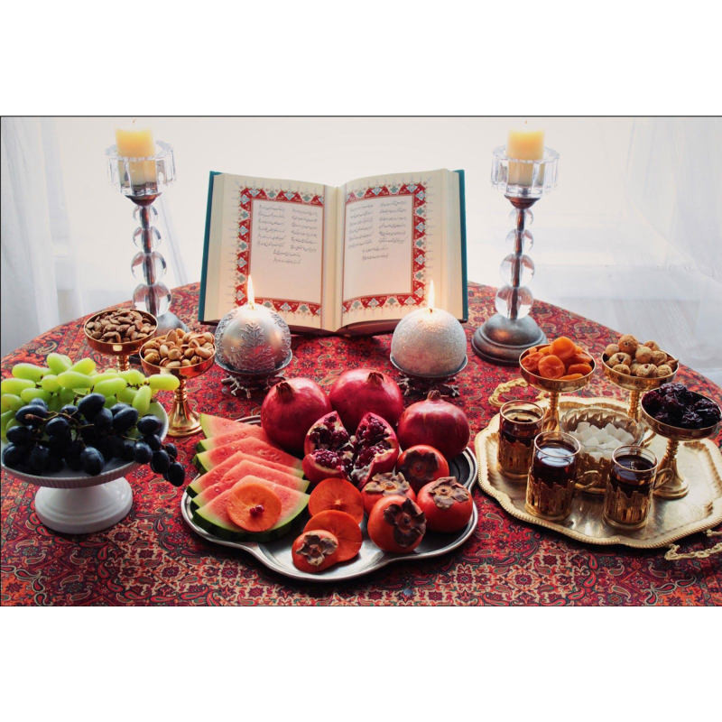 تابلو شاسی مدل شب یلدا و شمع و انار و دیوان حافظ و هندوانه و انگور و آجیل