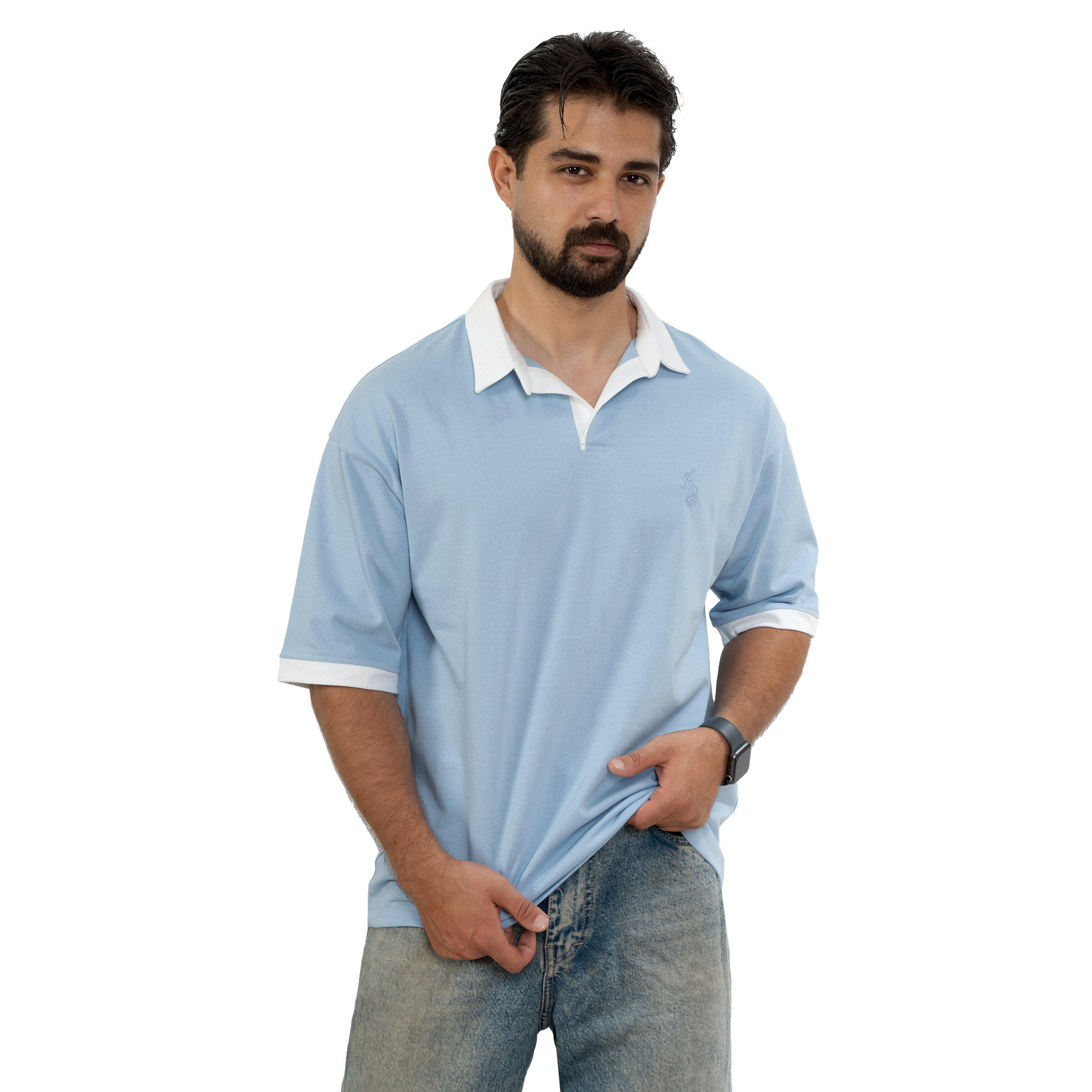 پلوشرت ترند الدمانی آبی یقه سفید خاص درجه یک کدu901