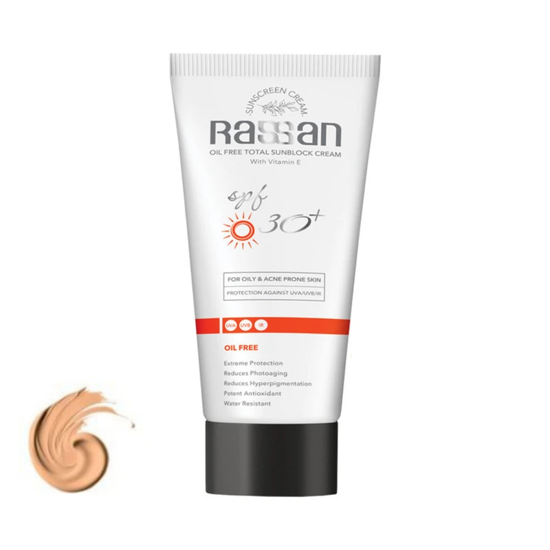 کرم ضد آفتاب رنگی راسن SPF30 مدل oil free محافظ UVA ،UVB و PA+++، ضد حساسیت، ضد چروک ، مناسب پوست چرب حجم 40 میلی لیتر