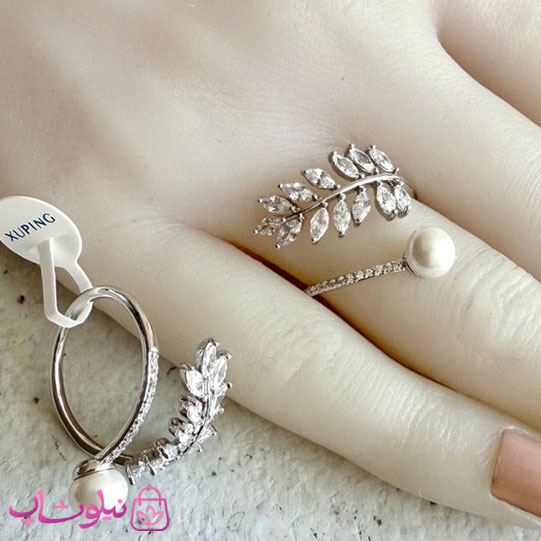 انگشتر زنانه ژوپینگ نقره ای مدل برگ و مروارید کد 3991