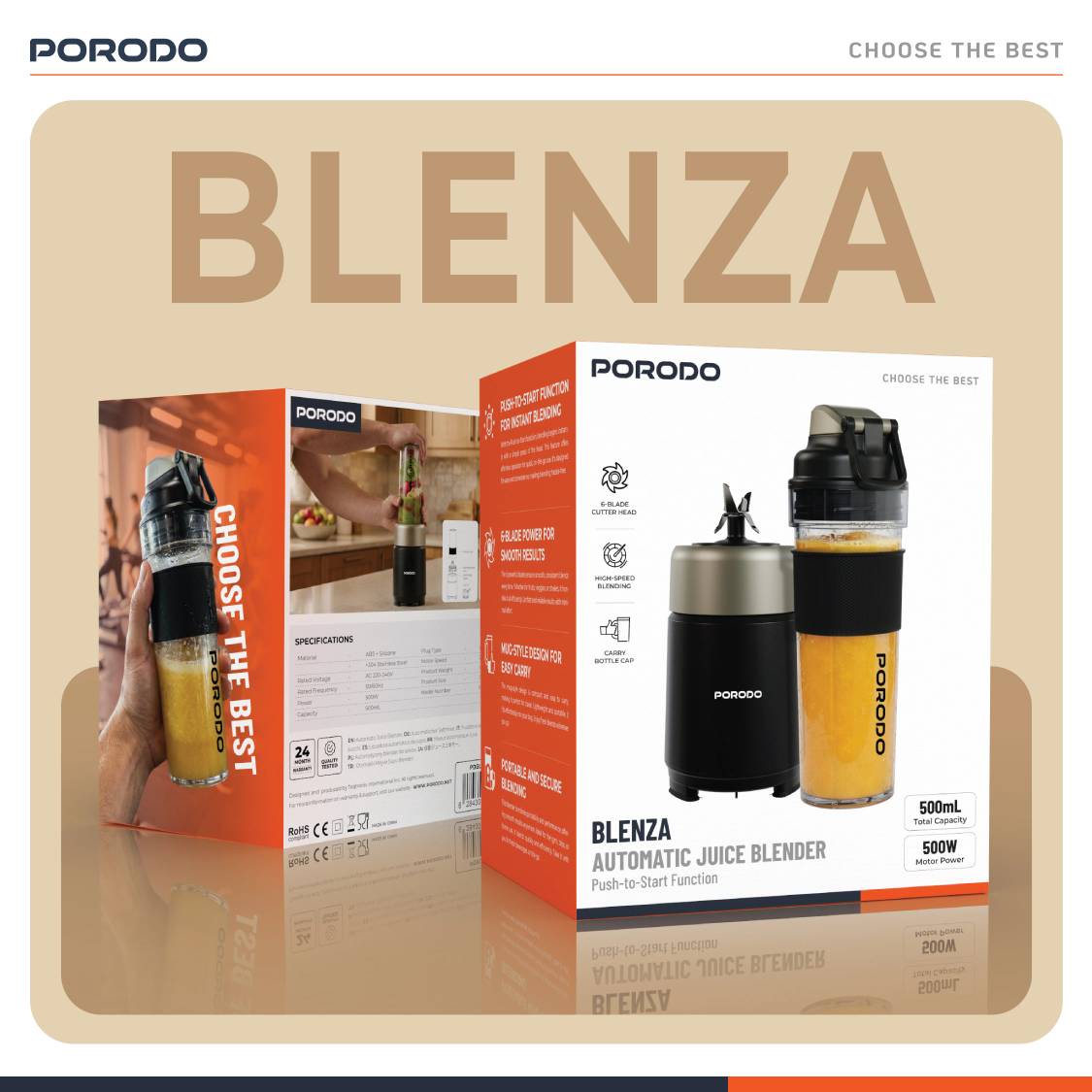 مخلوط کن آبمیوه گیری اتوماتیک Porodo مدل PDBL2101ABK قدرت 500 وات در قالب یک ماگ قابل حمل