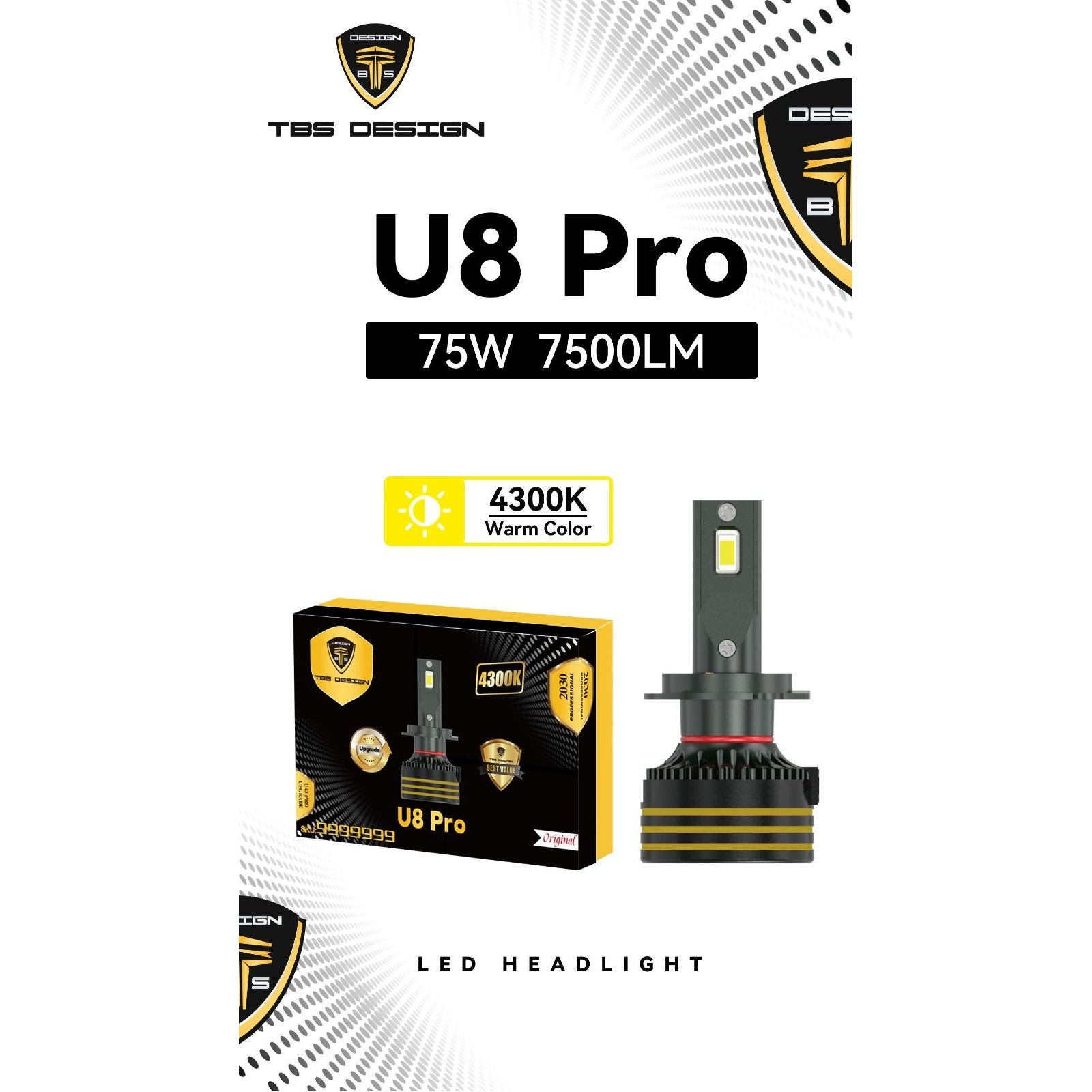 هدلایت دو رنگ توبیز تی بی اس دیزاین U8 pro رنگ سفید و آفتابی نچرال(رقیب 3spro) اورجینال پایه H4 پنج بسته دو عددی پس کرای