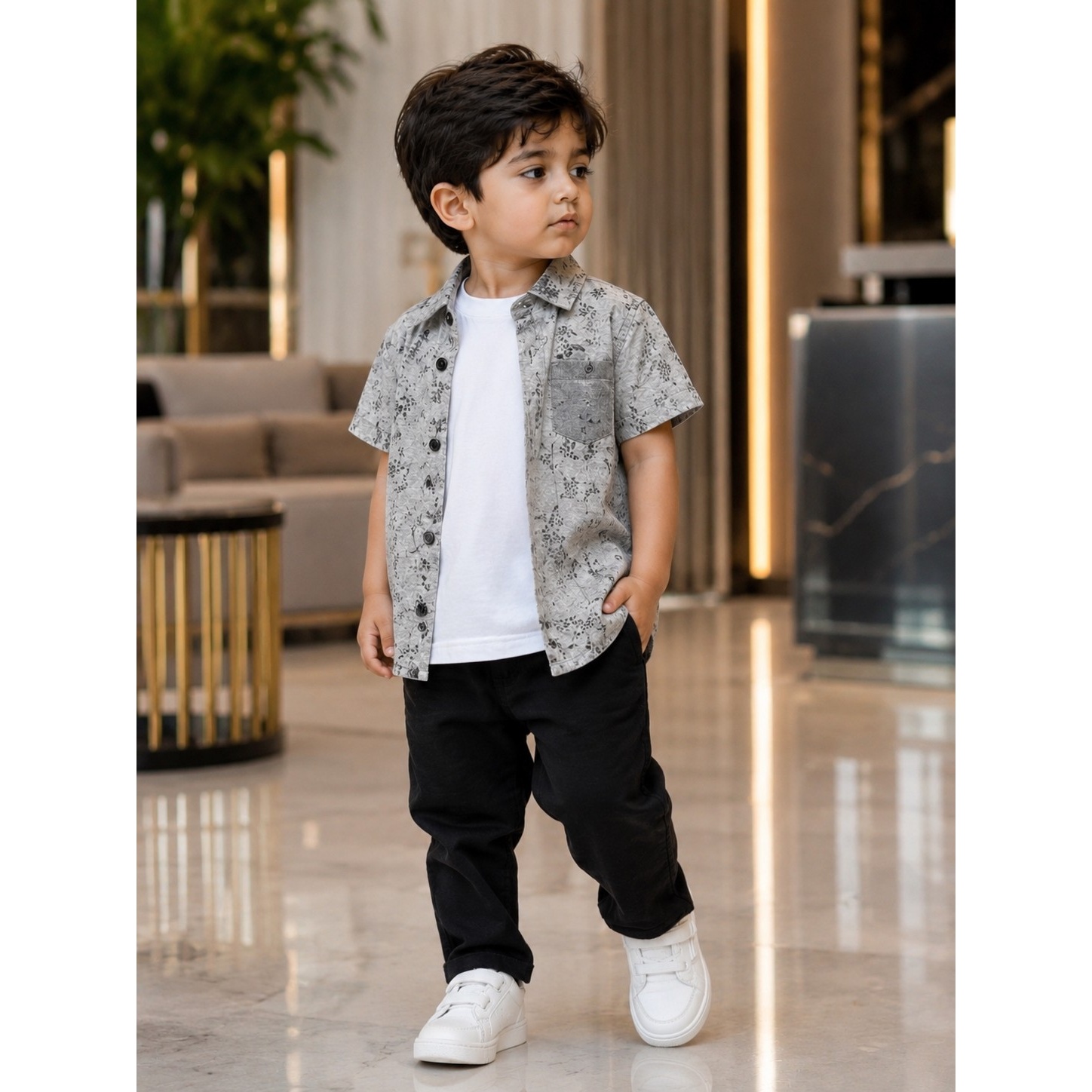 ست شومیز و تاپ پسرانه بچگانه طوسی طرح دار استایل شیک و تابستانی
