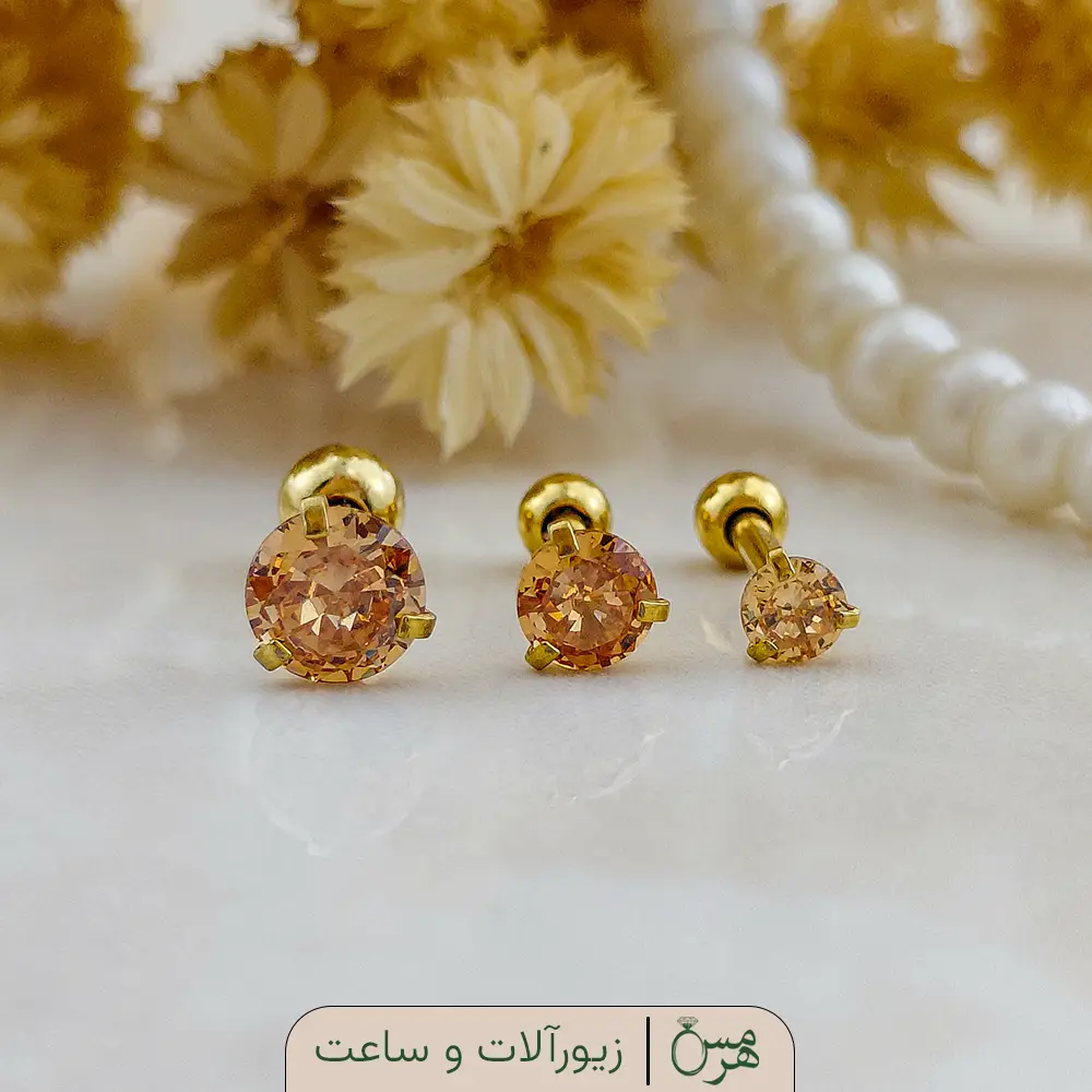 پیرسینگ گوش استیل نگین مدل دایره کهربائی