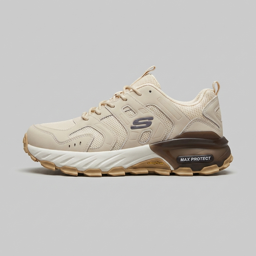 کتانی اسپرت مردانه مدل Skechers Max Protect رنگ موکا مناسب کوهنوردی، طبیعتگردی و پیادهروی