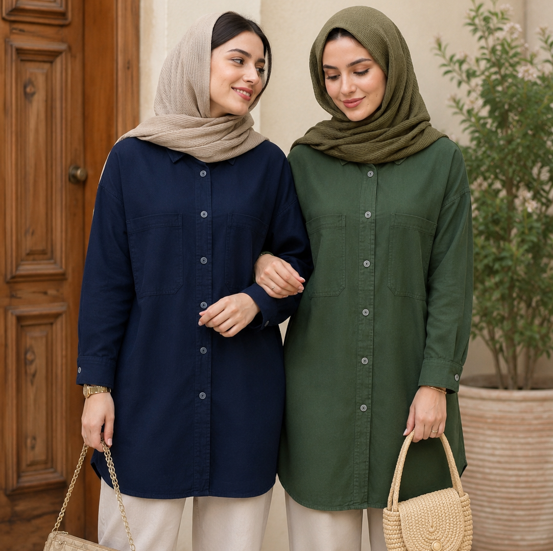 شومیز مانتویی زنانه/دخترانه دو جیب ساده