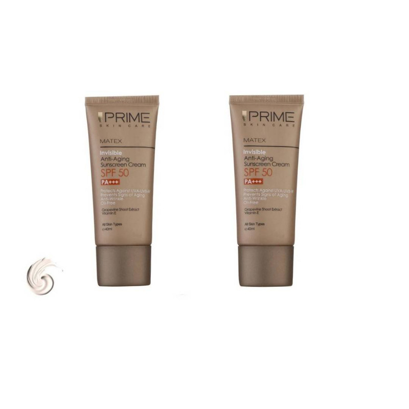 کرم ضد آفتاب بدون رنگ پرایم SPF 50 مدل aging محافظ UVA ،UVB و PA مناسب برای انواع پوست حجم 40 میلی لیتر بسته دو عددی