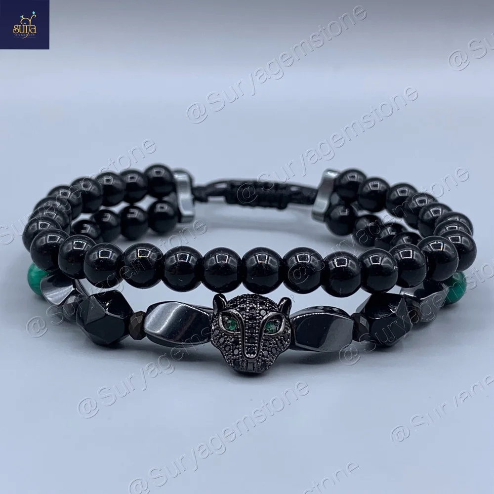 دستبند مردانه سنگی چشم ببر اصل و معدنی و سنگ اونیکس و حدید Black Panther