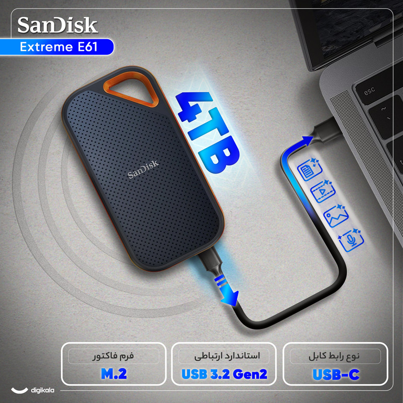 اس اس دی اکسترنال سن دیسک مدل Extreme E61 ظرفیت 4 ترابایت رابط USB 3.2 Gen2