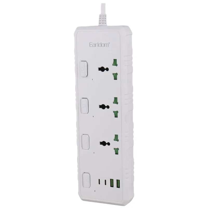 چند راهی 3 خانه ارت دار ارلدام ES-SC10 با کابل 2 متری + شارژر USB و Type-C