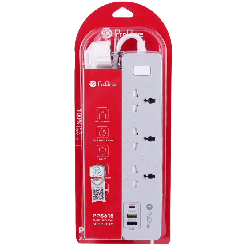 چند راهی 3 خانه ارت دار پرووان PPS615 با کابل 1.8 متری + شارژر USB و Type-C