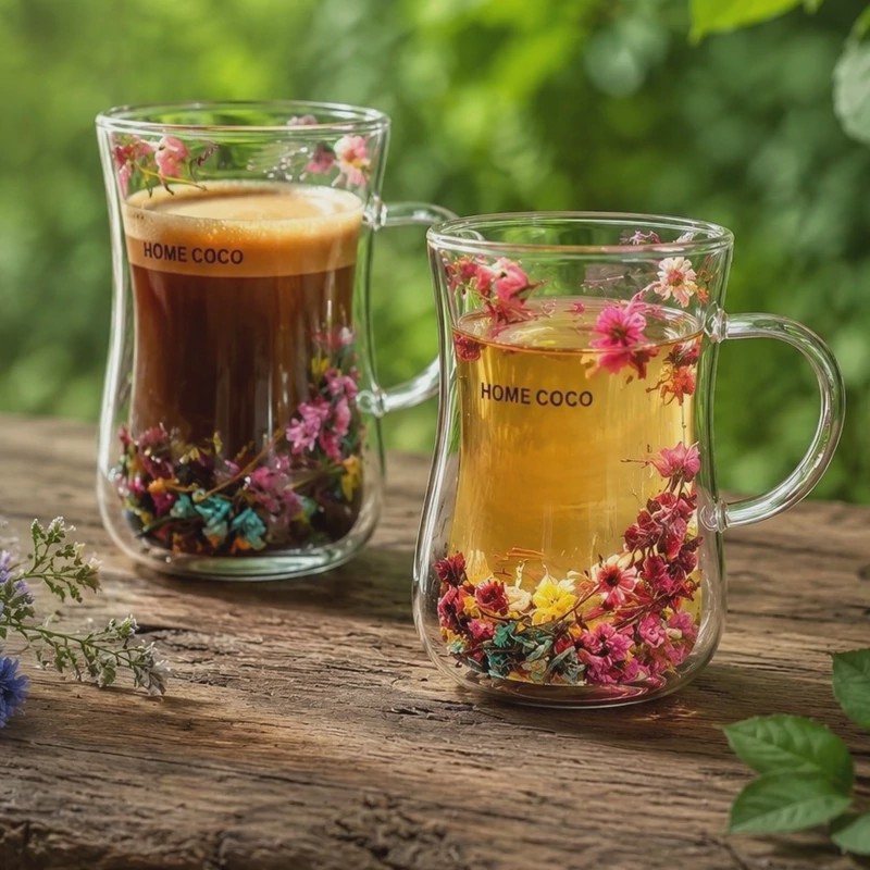فنجان دوجداره گلدار کمر باریک پیرکس