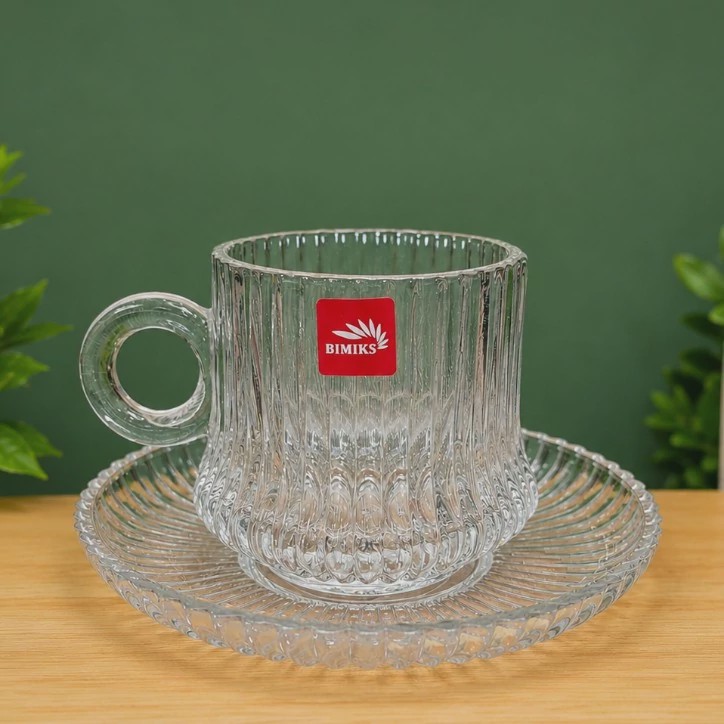 سرویس 6 عددی نیم لیوان و نعلبکی شیشه ای شیار دار بیمیکس مناسب چای قهوه و دمنوش