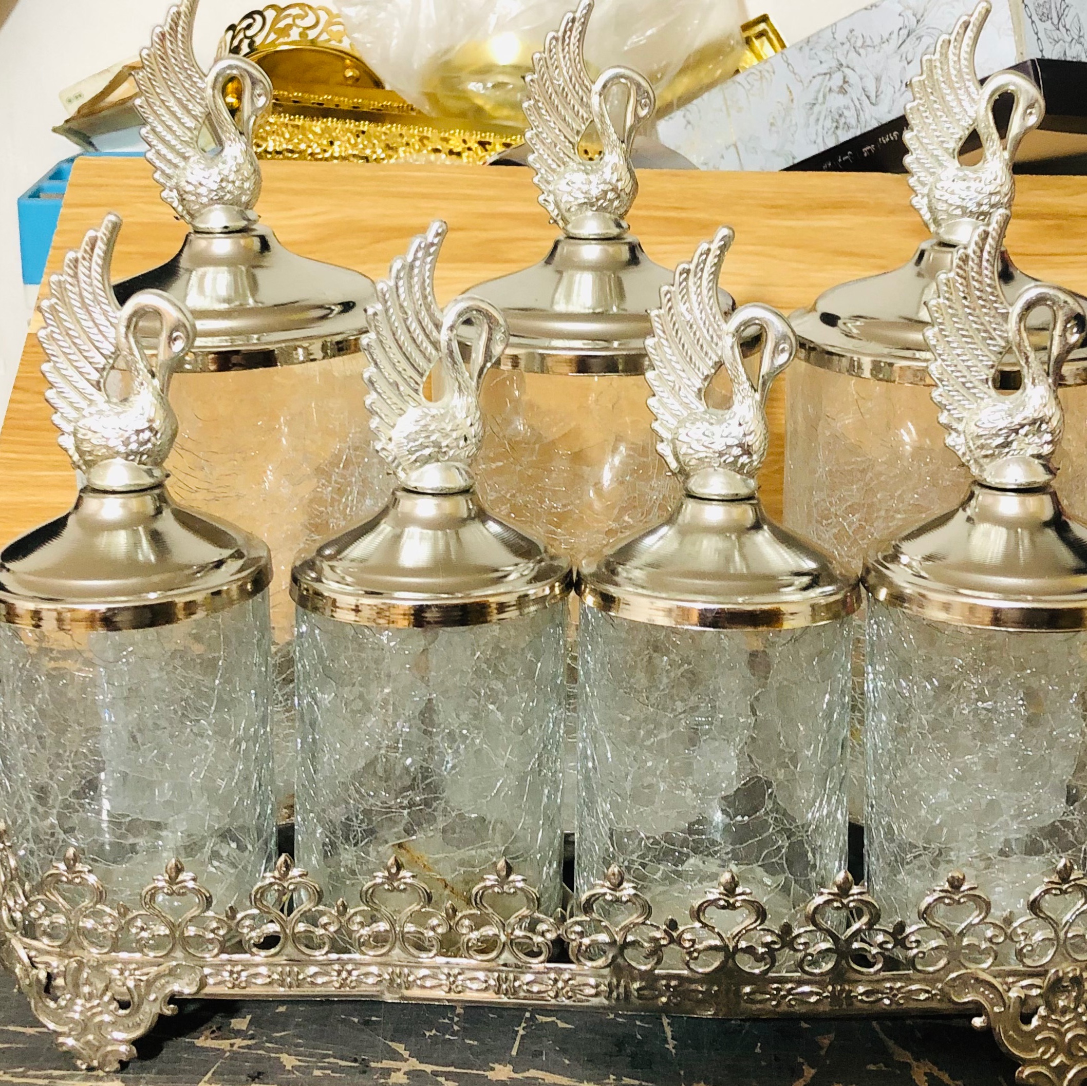 پاسماوری 7 پارچه طرح تاجی آبگز با دستگیره قو نقره ای