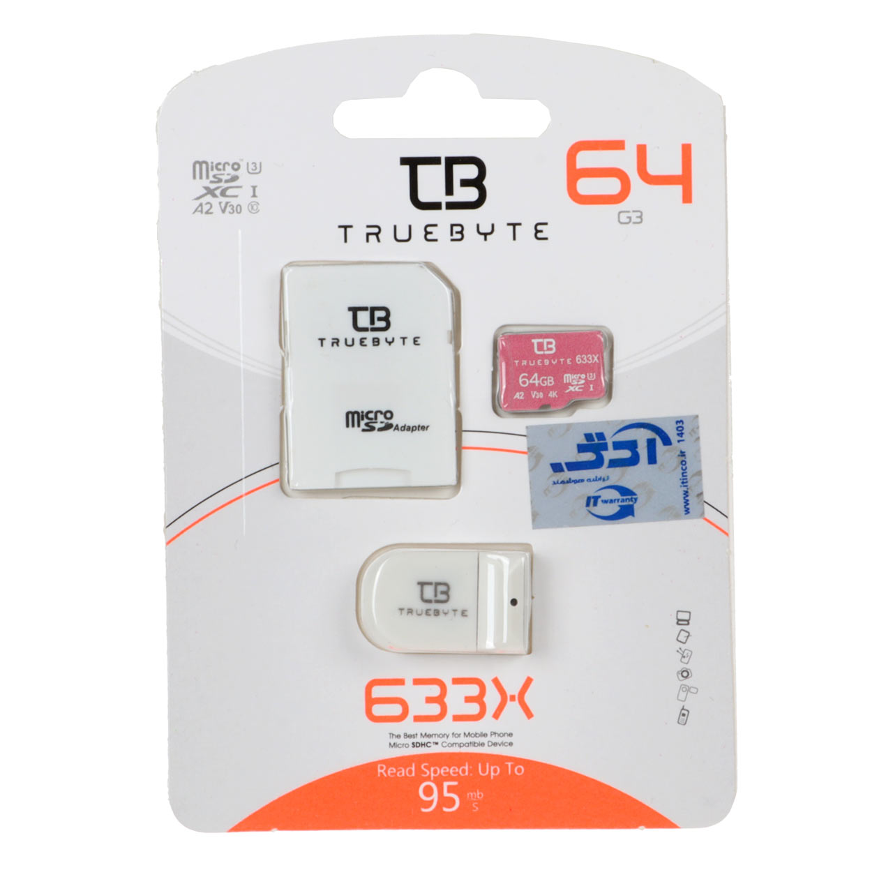 سفید (گارانتی مادامالعمر شرکت آی تین) TRUEBYTE microSDXC & adapter U3 Class 10 633X -95MB/s - 64GB