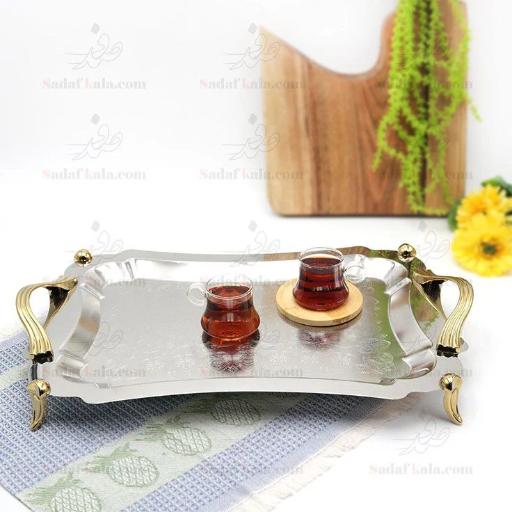 سینی مستطیل بزرگ دالبر دسته طلایی Wave طرح دار پایه دار ریور کد BG7177 (پس کرایه)