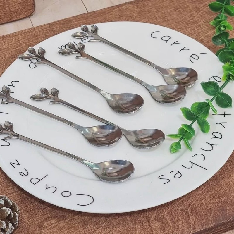قاشق چای برگ نقره ای قاشق چای استیل نقره ای طرح برگ بسته 6 عددی