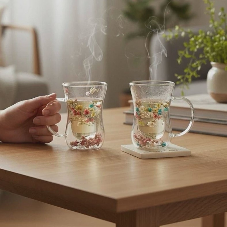 فنجان دوجداره گلدار کمر باریک پیرکس