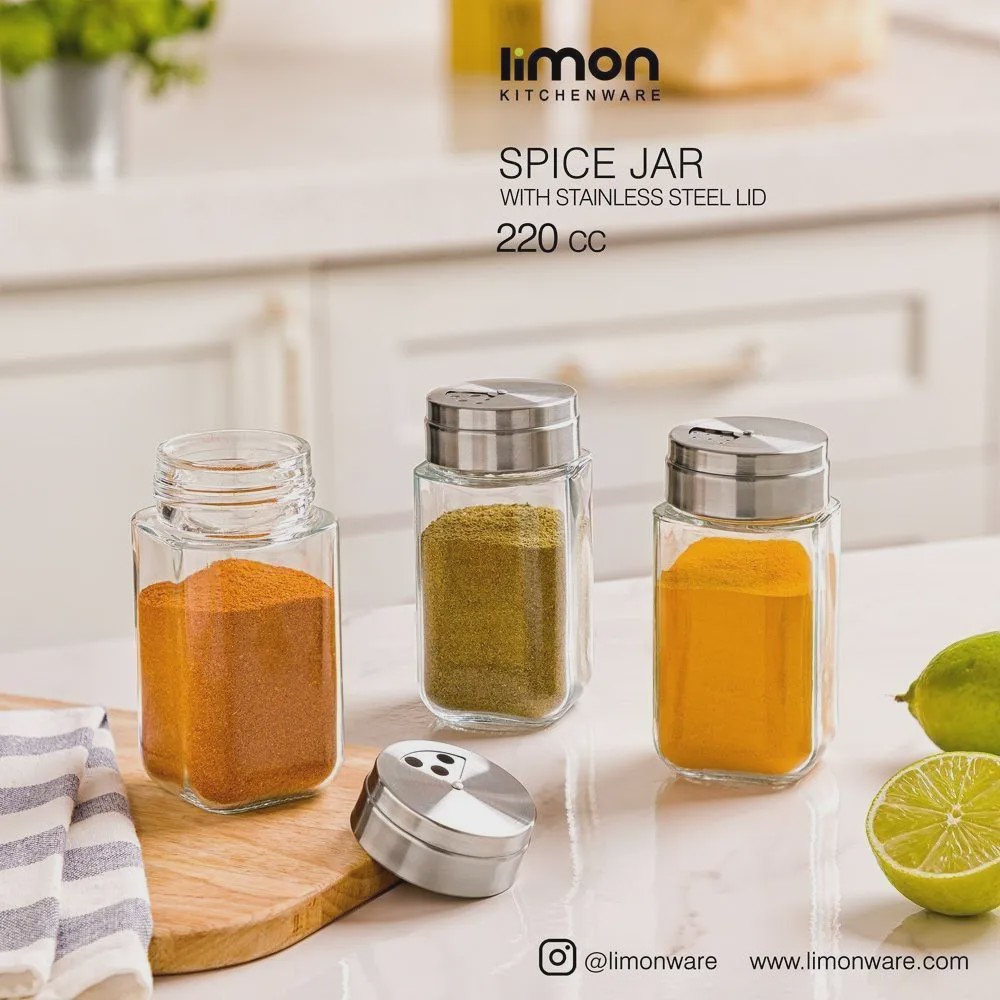 جا ادویه شیشه ای لیمون 220 سی سی درب استیل (کد 2420)