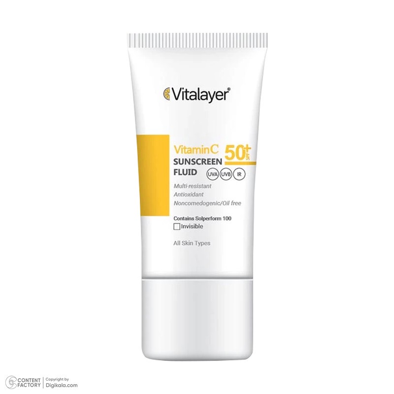 فلوئید ضد آفتاب بدون رنگ ویتالیر SPF50 مدل Vitamin C محافظ UVA ،UVB، ضد چروک، روشن کننده، مناسب انواع پوست حجم 50 میل...