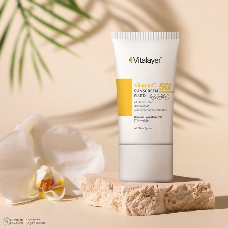 فلوئید ضد آفتاب بدون رنگ ویتالیر SPF50 مدل Vitamin C محافظ UVA ،UVB، ضد چروک، روشن کننده، مناسب انواع پوست حجم 50 میل...