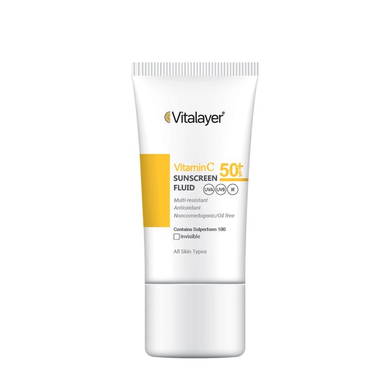 فلوئید ضد آفتاب بدون رنگ ویتالیر SPF50 مدل Vitamin C محافظ UVA ،UVB، ضد چروک، روشن کننده، مناسب انواع پوست حجم 50 میل...