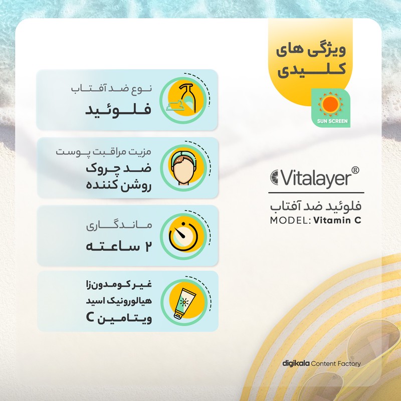 فلوئید ضد آفتاب بدون رنگ ویتالیر SPF50 مدل Vitamin C محافظ UVA ،UVB، ضد چروک، روشن کننده، مناسب انواع پوست حجم 50 میل...
