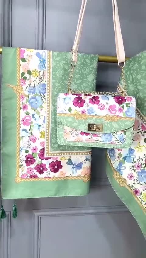 ست کیف و روسری (شال) در5رنگ طرح آنام سبز برند مونتلا- روسری نخی قواره 130 