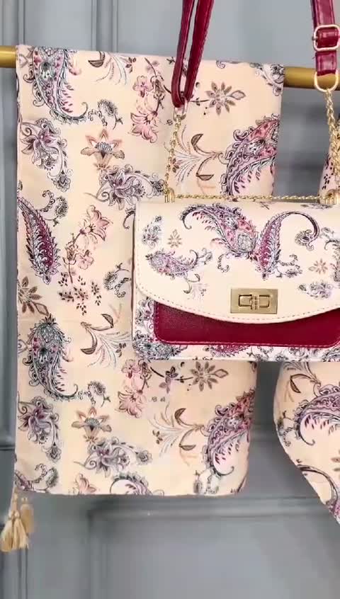 ست کیف وروسری (شال ) رنگ عنابی طرح بته جغه