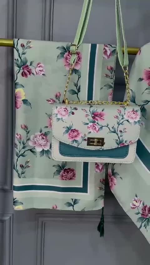 ست کیف و روسری (شال) طرح گلفام سبز برند مونتلا روسری نخی قواره 130-