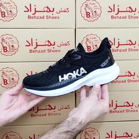 کتونی Hoka مردانه پسرانه رویه بافت خارجی سایز 41 تا 44 رنگ مشکی زیره پیو کفی طبی لژ 4 سانتی سبک راحت