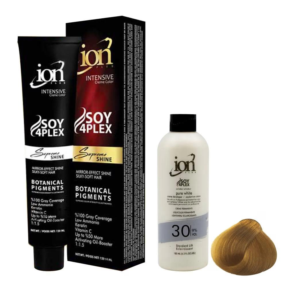 رنگ مو آیون شماره 8.0 حجم 120 میلی لیتر رنگبلوند قهوه ای به همراه اکسیدان آیون مدل 30vol نه درصدی حجم 180 میلی لیتر