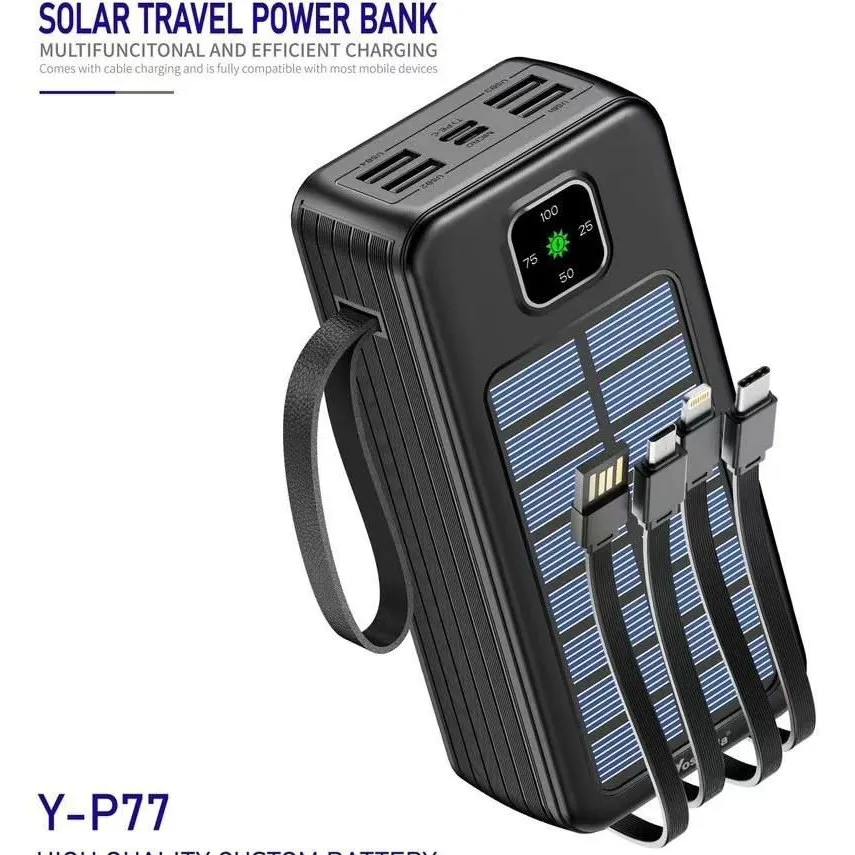 پاوربانک سولار یوسوندا (Yosonda) مدل Y-P77 ظرفیت 30000 میلیآمپر | پاوربانک خورشیدی اورجینال با 4 کابل سرخود، 4 پورت USB