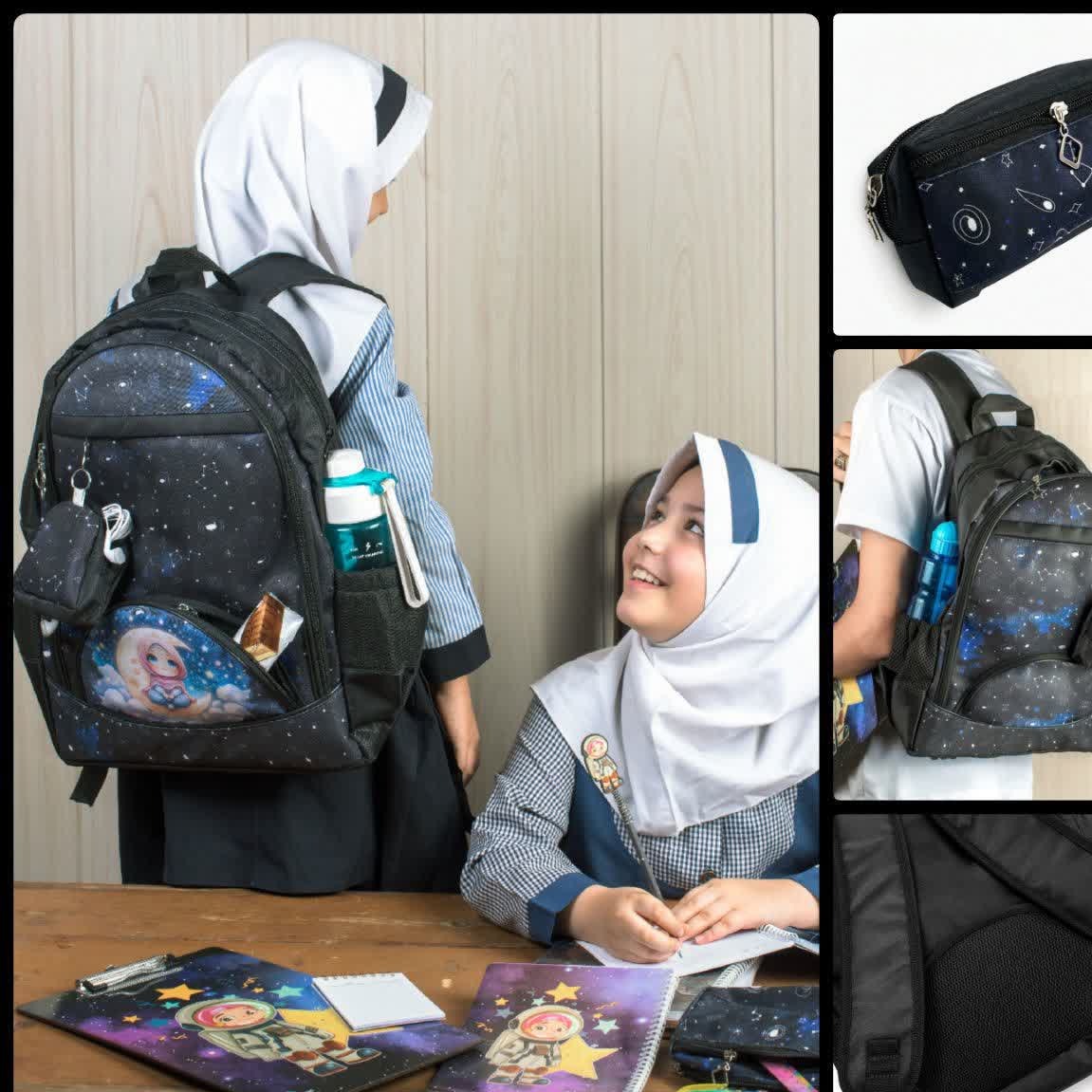 کوله پشتی مدرسه هنرآور دخترانه همراه با جامدادی و کیف هندزفری هدیه