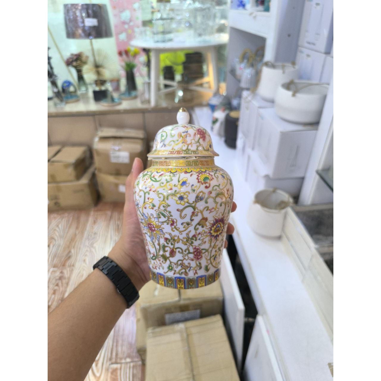 بانکه تزئینی چینی طرح گل وبوته درب دار