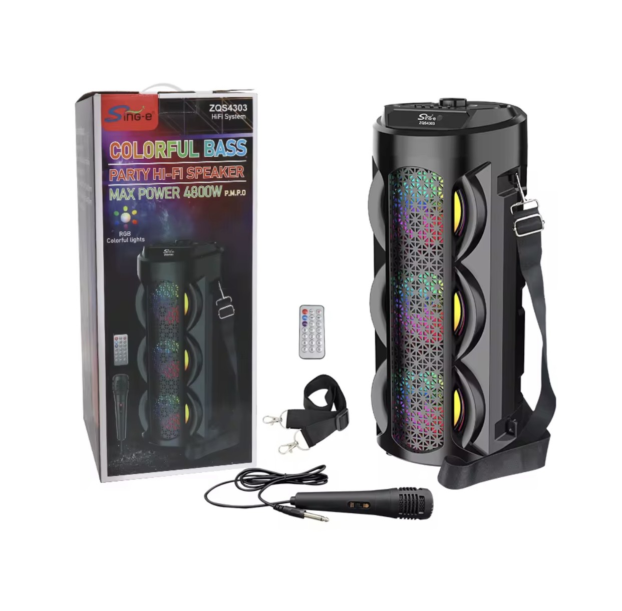 اسپیکر بلوتوثی قابل حمل با میکروفون و کنترول و بند حمل کننده ZQS 4303
