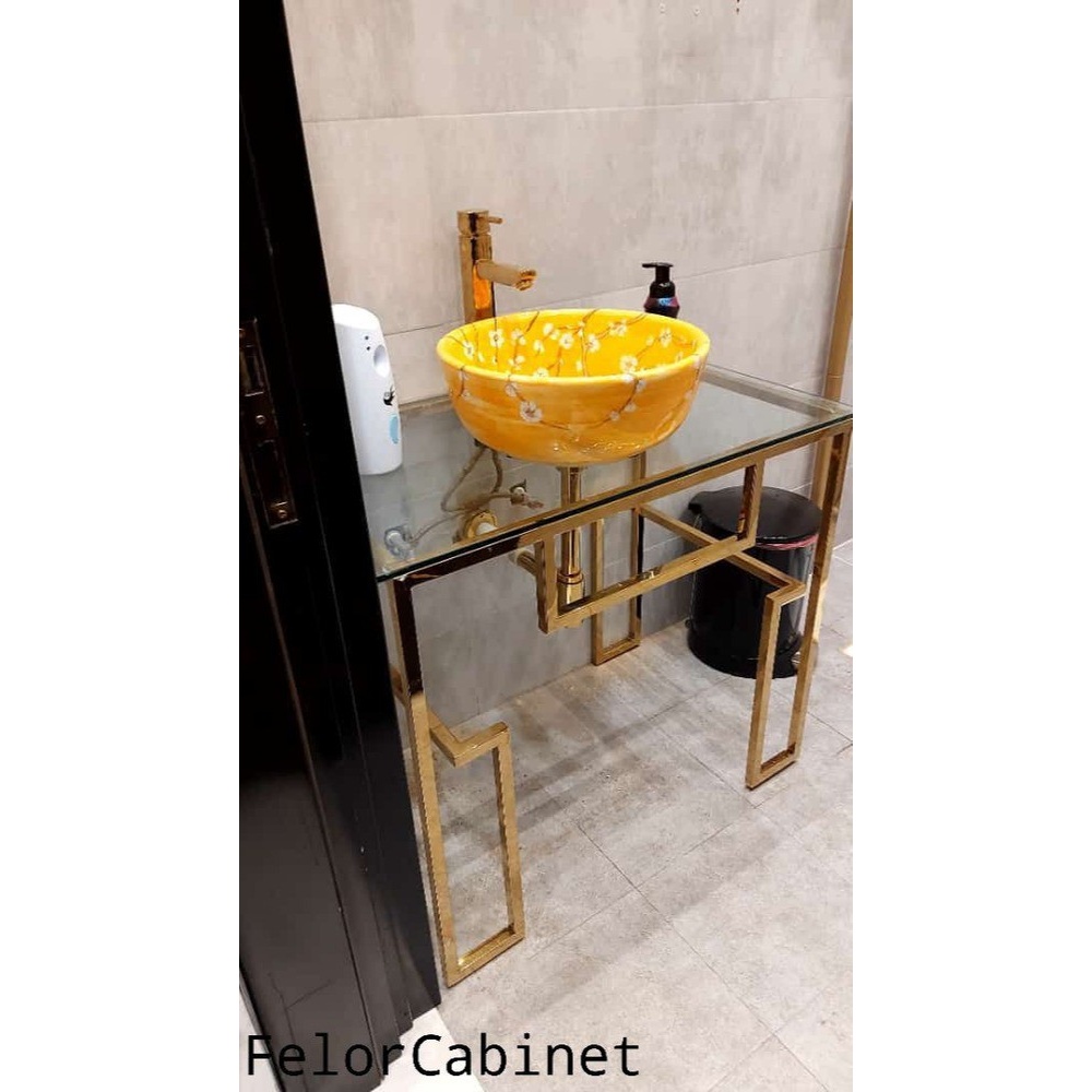 روشویی مدل 1073 پایه استیل طلایی 304، صفحه شیشه ای، کاسه چینی طرح دار