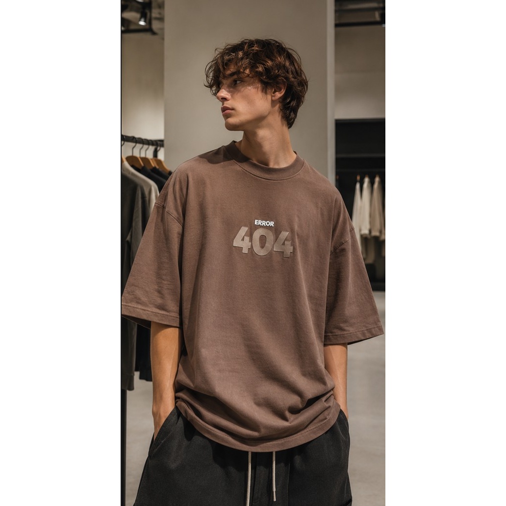 تیشرت لش باکسی (Oversized) با طرح گرافیکی Error 404 رنگ قهوه ای موکا Mocha Brown Boxy-Fit Error 404 Graphic T-Shirt